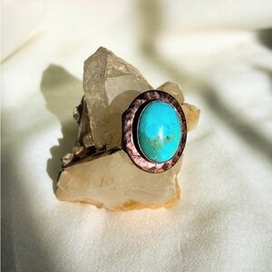 Turquoise and Copper Ring w/ Wide Etched Band - Size 6 Artisan Made, Handmade